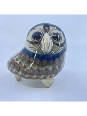 vintage hand painted tonala ceramic owl figurine artist signed mexican folk art